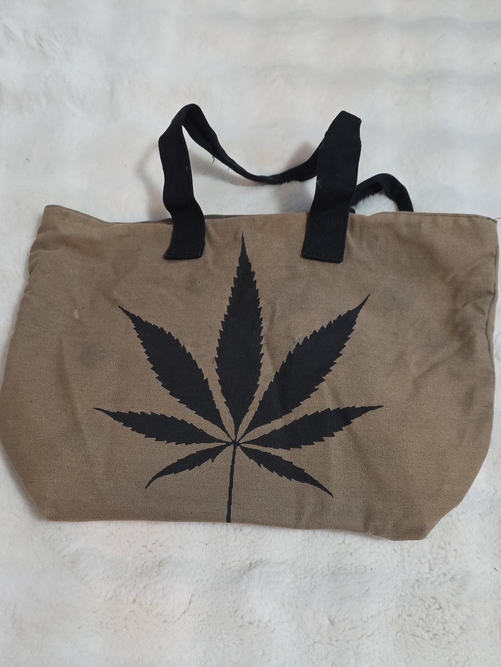 Canvas Tote Bag with Black Leaf Print - Black/Sage